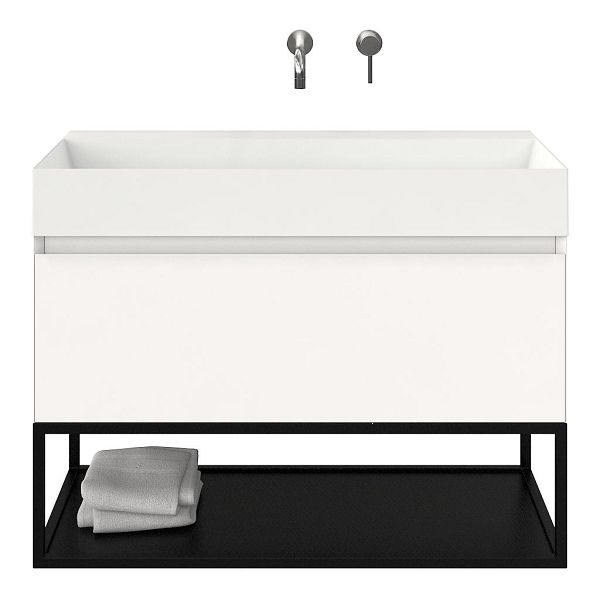 Domburg badmeubel 100 cm wit mat met keramische Marken wastafel wit glans, zonder kraangat, mat zwart metalen frame