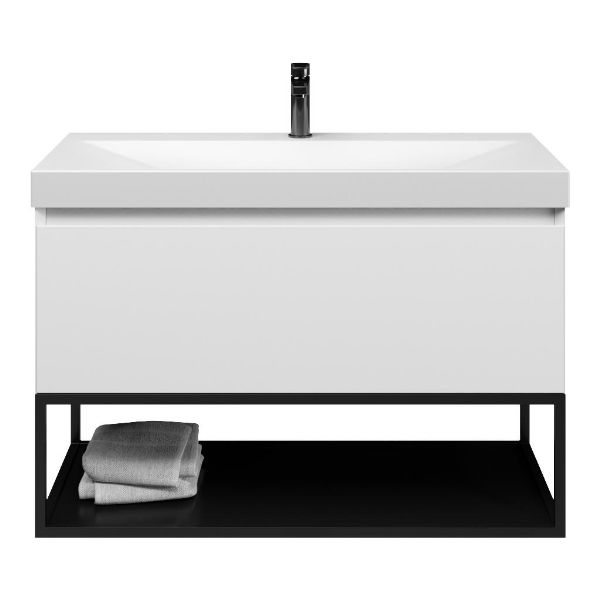 Domburg badmeubel 100 cm wit mat met keramische Rockanje wastafel wit mat, 1 kraangat, mat zwart metalen frame
