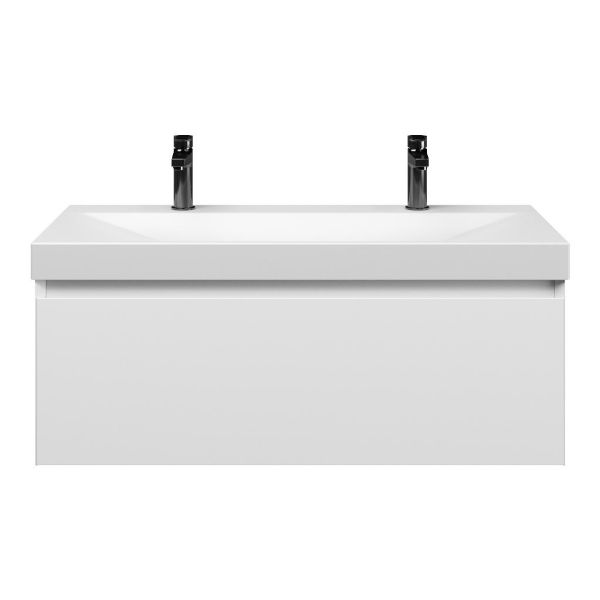 Domburg badmeubel 100 cm wit mat met keramische Rockanje wastafel wit mat, 2 kraangaten