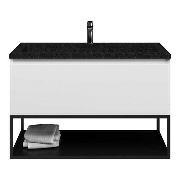 Domburg badmeubel 100 cm wit mat met natuurstenen Square wastafel shanxi black, mat zwart metalen frame