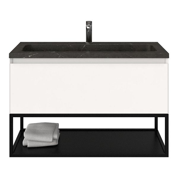 Domburg badmeubel 100 cm wit mat met natuurstenen Square wastafel blue stone, 1 kraangat, mat zwart metalen frame
