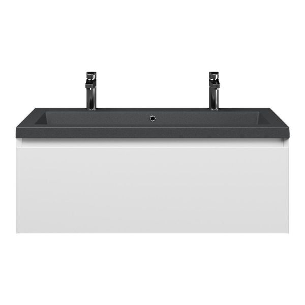Domburg badmeubel 100 cm wit mat met quartz Cadzand-Q wastafel grijs mat, 2 kraangaten