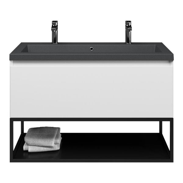 Domburg badmeubel 100 cm wit mat met quartz Cadzand-Q wastafel grijs mat, 2 kraangaten, mat zwart metalen frame