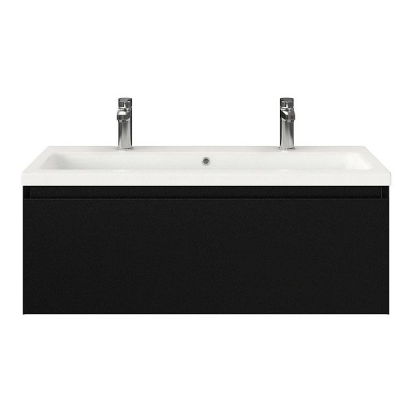 Domburg badmeubel 100 cm zwart mat met keramische Dishoek wastafel wit mat, 2 kraangaten