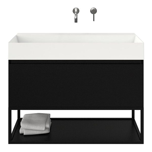 Domburg badmeubel 100 cm zwart mat met keramische Marken wastafel wit glans, zonder kraangat, mat zwart metalen frame