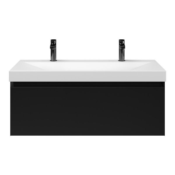 Domburg badmeubel 100 cm zwart mat met keramische Rockanje wastafel wit mat, 2 kraangaten