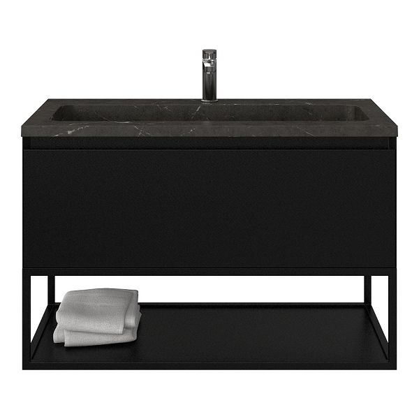 Domburg badmeubel 100 cm zwart mat met natuurstenen Square wastafel blue stone, 1 kraangat, mat zwart metalen frame