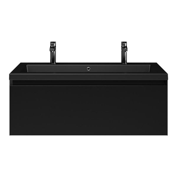Domburg badmeubel 100 cm zwart mat met polystone Cadzand wastafel zwart mat, 2 kraangaten