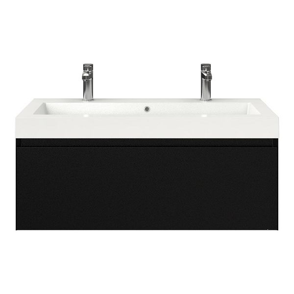 Domburg badmeubel 100 cm zwart mat met polystone Cadzand wastafel wit glans, 2 kraangaten, 43 cm hoog