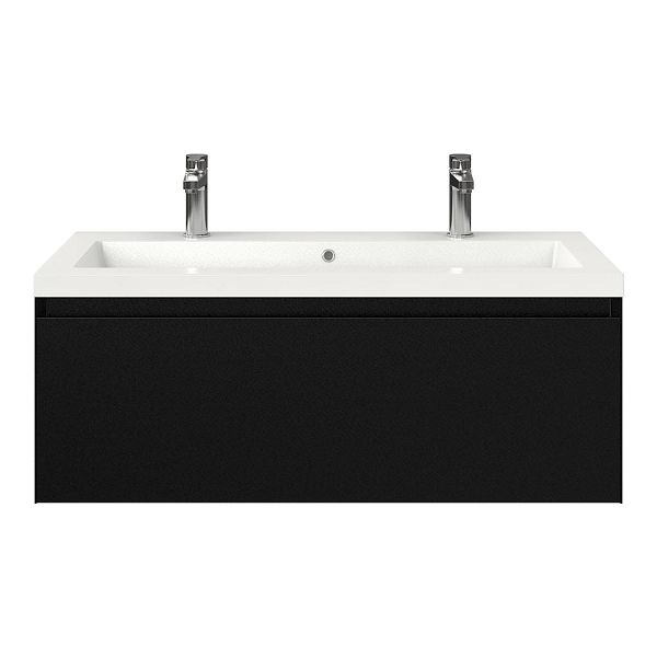 Domburg badmeubel 100 cm zwart mat met polystone Cadzand wastafel wit glans, 2 kraangaten, 39 cm hoog