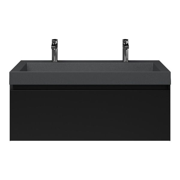 Domburg badmeubel 100 cm zwart mat met polystone Haamstede wastafel grijs mat, 2 kraangaten