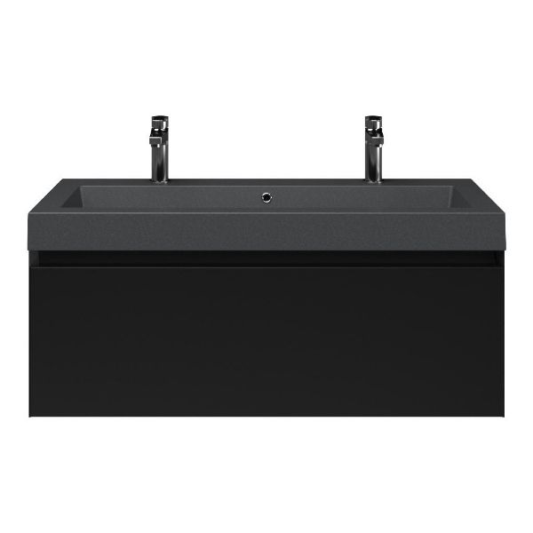 Domburg badmeubel 100 cm zwart mat met quartz Cadzand-Q wastafel grijs mat, 2 kraangaten