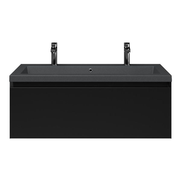 Domburg badmeubel 100 cm zwart mat met quartz Cadzand-Q wastafel grijs mat, 2 kraangaten