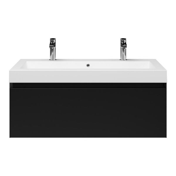 Domburg badmeubel 100 cm zwart mat met quartz Cadzand-Q wastafel wit mat, 2 kraangaten