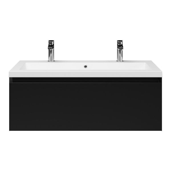 Domburg badmeubel 100 cm zwart mat met quartz Cadzand-Q wastafel wit mat, 2 kraangaten