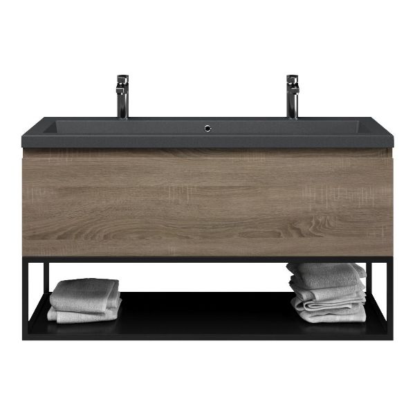 Domburg badmeubel 120 cm eiken donker met quartz Cadzand-Q wastafel grijs mat
