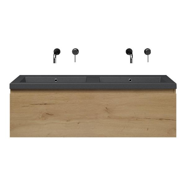 Domburg badmeubel 120 cm eiken natuur met quartz Cadzand wastafel grijs mat