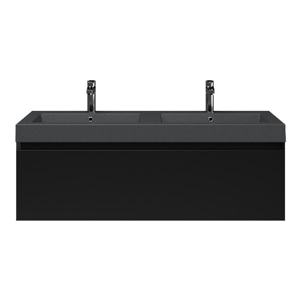 Domburg badmeubel 120 cm zwart mat met quartz Cadzand wastafel grijs mat