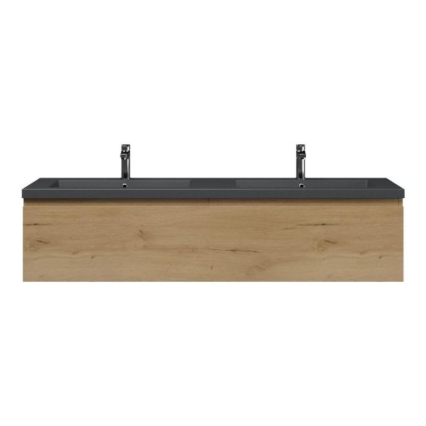 Domburg badmeubel 160 cm eiken natuur met dubbele Cadzand wastafel grijs mat