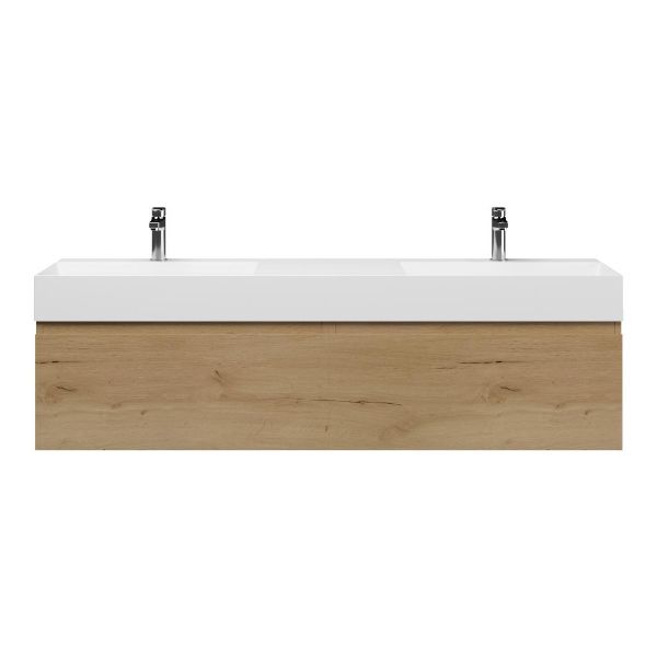 Domburg badmeubel 160 cm eiken natuur met dubbele keramische Marken wastafel wit glans