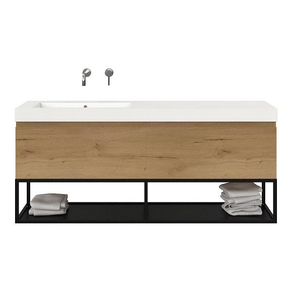 Domburg badmeubel 160 cm eiken natuur met enkele polystone Cadzand wastafel links wit glans