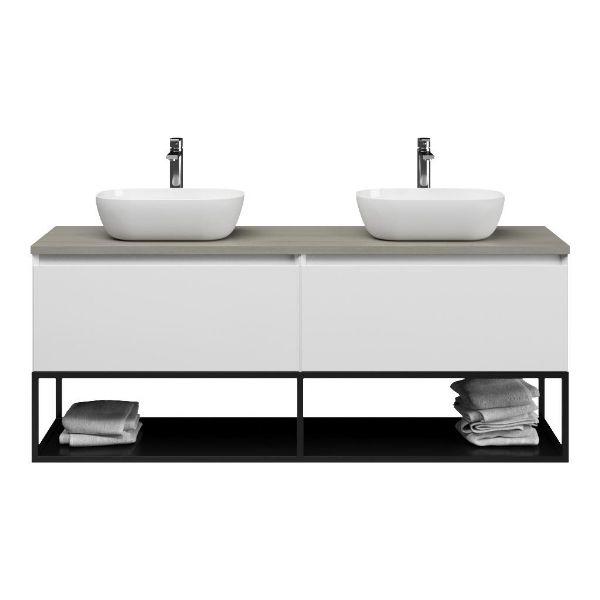 Domburg badmeubel 160 cm hoogglans wit met afdekblad 2,5 cm licht grijs eiken