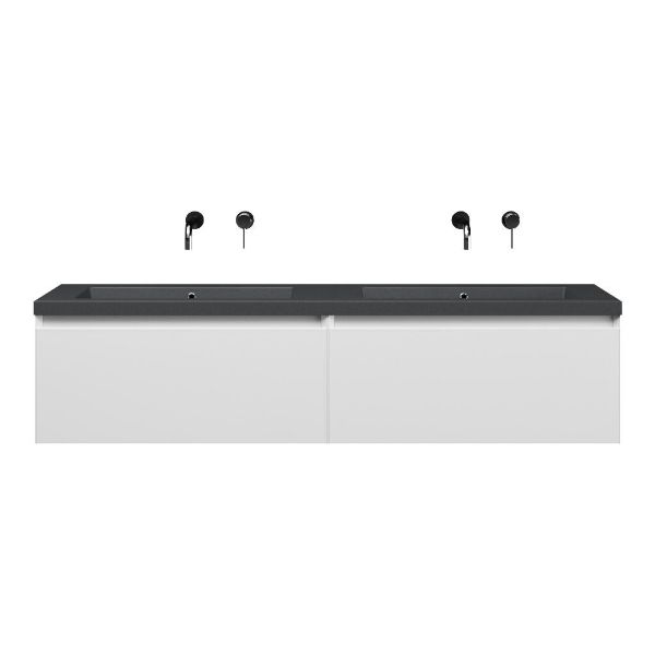 Domburg badmeubel 160 cm hoogglans wit met dubbele quartz Cadzand-Q wastafel grijs mat