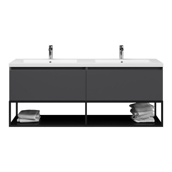 Domburg badmeubel 160 cm mat antraciet met dubbele polystone Cadzand wastafel, mat zwart metalen frame