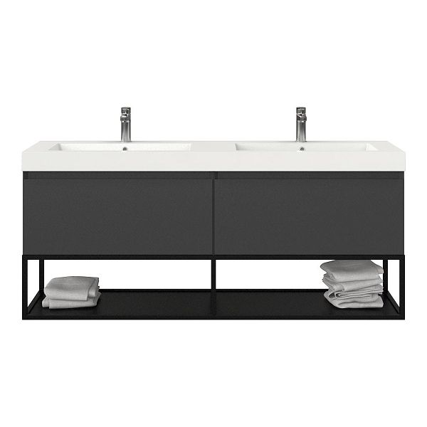 Domburg badmeubel 160 cm mat antraciet met dubbele polystone Cadzand wastafel wit glans