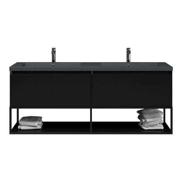 Domburg badmeubel 160 cm mat zwart met dubbele Cadzand wastafel grijs mat