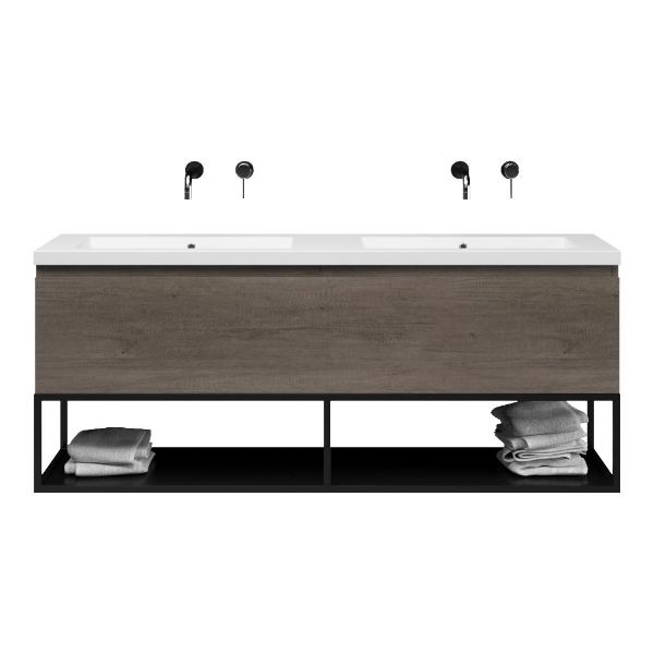 Domburg badmeubel 160 cm olm donker grijs met dubbele quartz Cadzand-Q wastafel wit mat