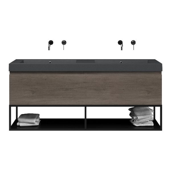 Domburg badmeubel 160 cm olm donker grijs met dubbele quartz Cadzand-Q wastafel grijs mat