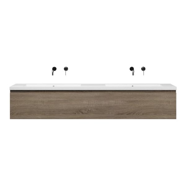 Domburg badmeubel 200 cm donker eiken met dubbele quartz Cadzand-q wastafel wit mat