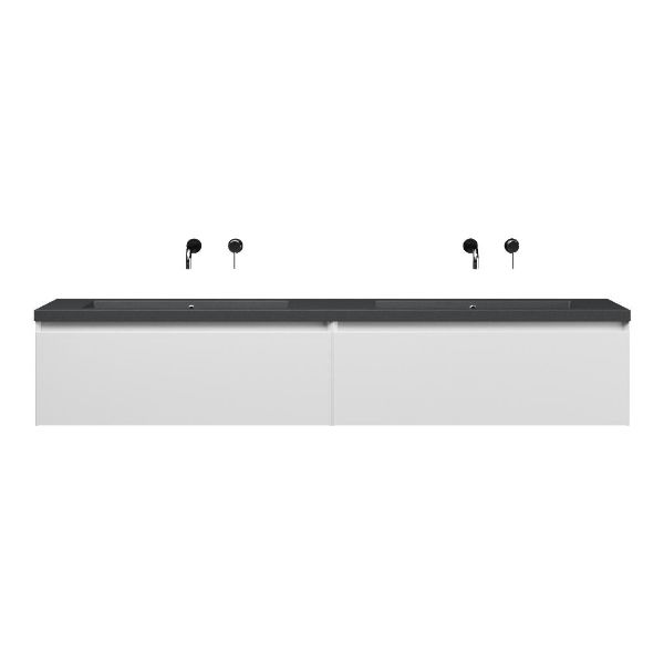 Domburg badmeubel 200 cm hoogglansw wit met dubbele quartz Cadzand-q wastafel grijs mat