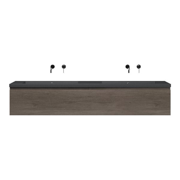 Domburg badmeubel 200 cm olm donker grijs met dubbele quartz Cadzand-q wastafel grijs mat