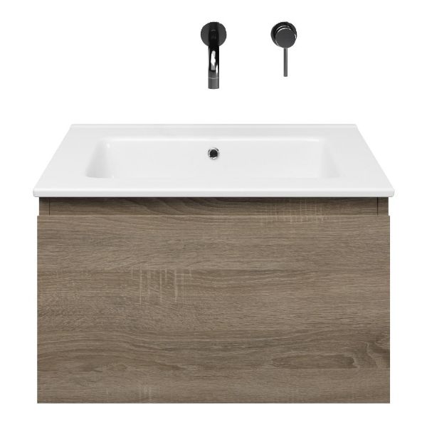 Domburg badmeubel 60 cm eiken donker met keramische Callantsoog wastafel wit glans, zonder kraangat