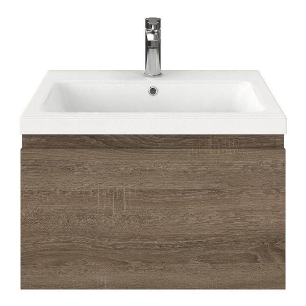 Domburg badmeubel 60 cm eiken donker met keramische Dishoek wastafel wit mat, 1 kraangat