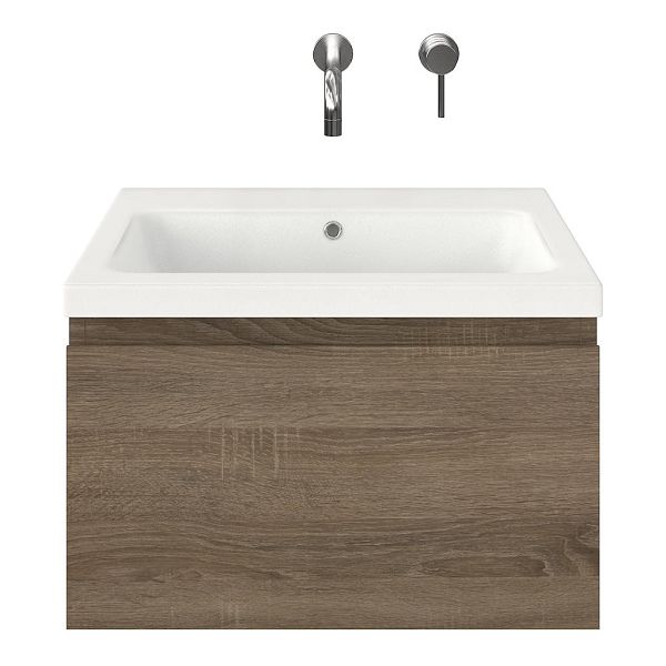 Domburg badmeubel 60 cm eiken donker met keramische Dishoek wastafel wit mat, zonder kraangat