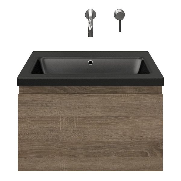 Domburg badmeubel 60 cm eiken donker met keramische Dishoek wastafel zwart mat, zonder kraangat