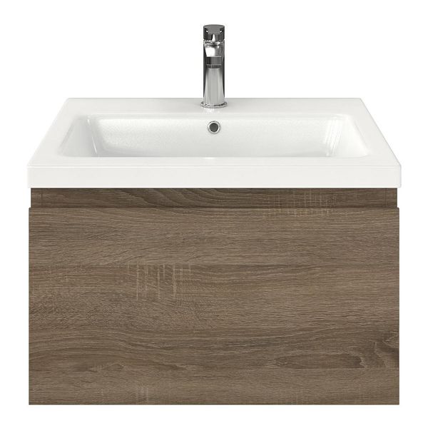 Domburg badmeubel 60 cm eiken donker met keramische Dishoek wastafel wit glans, 1 kraangat