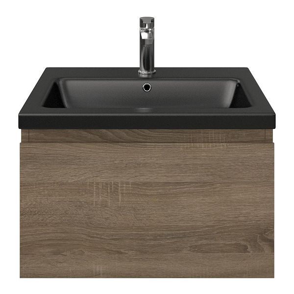 Domburg badmeubel 60 cm eiken donker met keramische Dishoek wastafel zwart mat, 1 kraangat