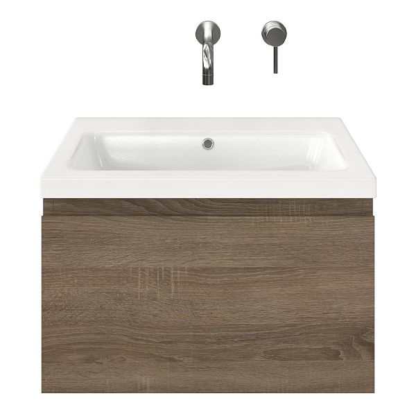 Domburg badmeubel 60 cm eiken donker met keramische Dishoek wastafel wit glans, zonder kraangat