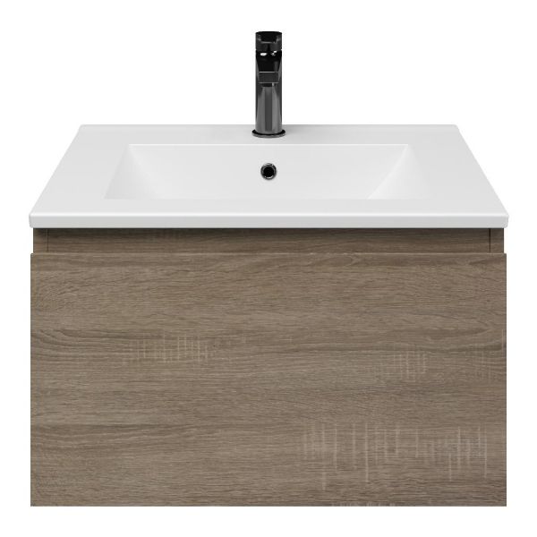Domburg badmeubel 60 cm eiken donker met keramische Huisduinen wastafel wit mat