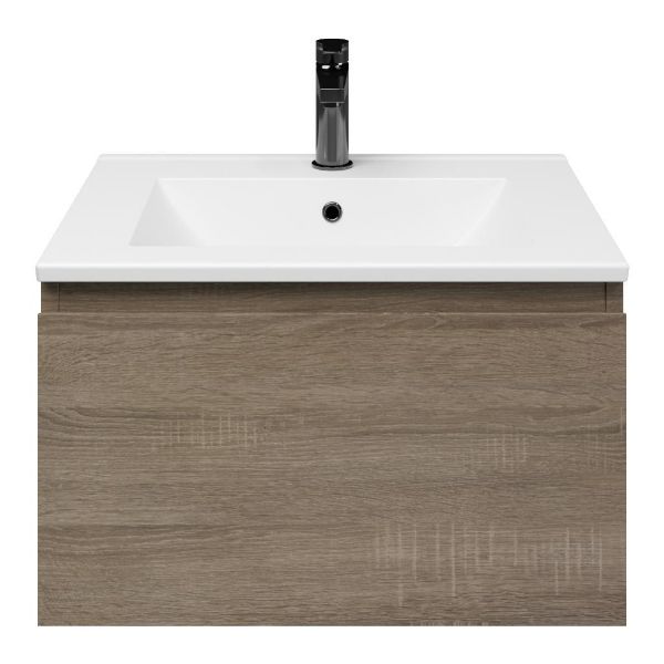 Domburg badmeubel 60 cm eiken donker met keramische Huisduinen wastafel wit glans