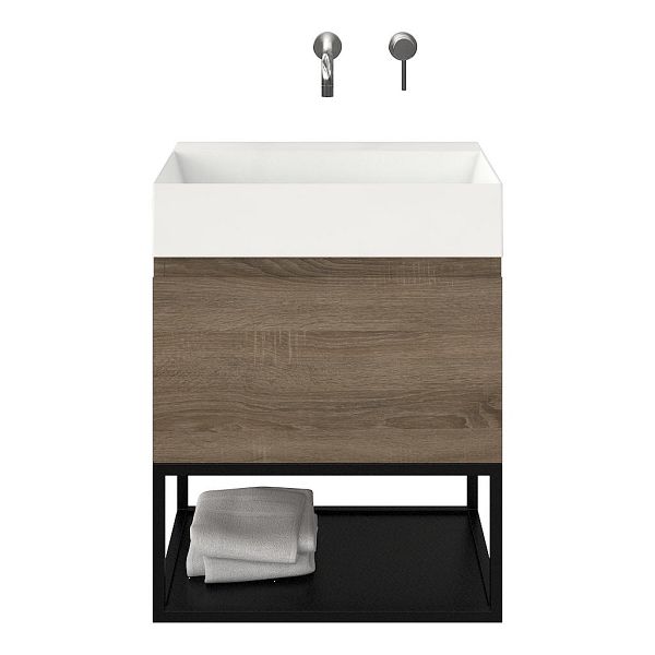 Domburg badmeubel 60 cm eiken donker met keramische Marken wastafel wit glans, zonder kraangat, mat zwart metalen frame