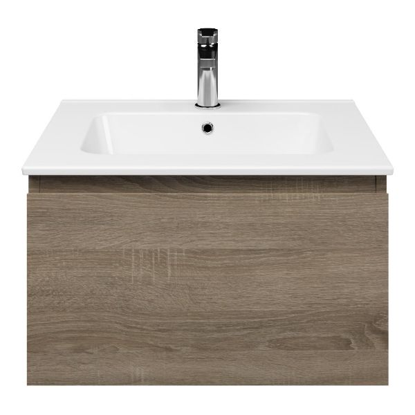 Domburg badmeubel 60 cm eiken donker met keramische Quadra wastafel wit glans