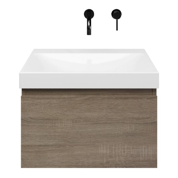 Domburg badmeubel 60 cm eiken donker met keramische Rockanje wastafel wit glans, zonder kraangat