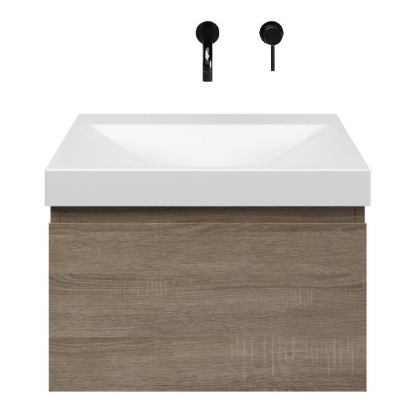 Domburg badmeubel 60 cm eiken donker met keramische Rockanje wastafel wit mat, zonder kraangat
