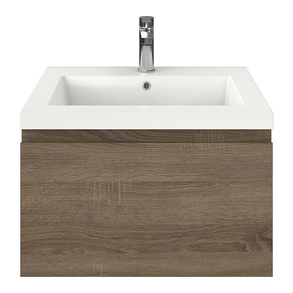 Domburg badmeubel 60 cm eiken donker met polystone Cadzand wastafel wit glans, 1 kraangat, 39 cm hoog