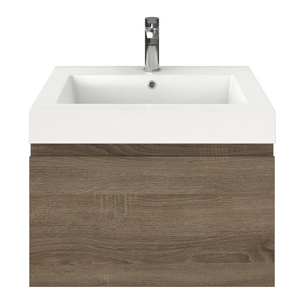 Domburg badmeubel 60 cm eiken donker met polystone Cadzand wastafel wit glans, 1 kraangat, 43 cm hoog